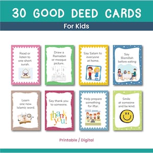 Op de afbeelding: Een set van 30 Good Deed Cards voor kinderen. Elke kaart toont een goede daad, zoals het lezen van een soera, het tekenen van een moskee of het bedanken. De kaarten zijn kleurrijk en bevatten illustraties.
