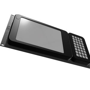 May include: A black electronic device with a large rectangular screen and a smaller keypad. The device is mounted on a metal frame, likely for rack installation. The screen is gray, and the keypad has multiple small, square buttons.