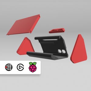 May include: A disassembled case for a Raspberry Pi computer. The case is made of black plastic and red plastic. The case is in five pieces: a front panel, a back panel, a top panel, a bottom panel, and a side panel.