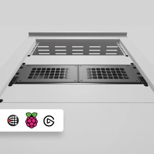 May include: A white metal server rack with two black metal panels with ventilation holes. The rack has a white label with three logos: a network icon, a raspberry pi logo, and a play button.