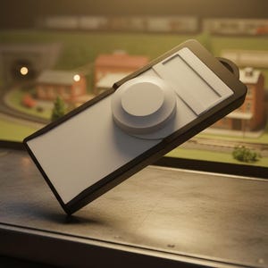 Könnte beinhalten: Ein rechteckiges schwarz-weißes Gerät mit einem kreisförmigen Knopf und einem rechteckigen Abschnitt. Das Gerät befindet sich vor einer Miniaturstadt mit Gebäuden, Bäumen und einem Tunnel. Das Gerät scheint eine Modellbahnsteuerung zu sein.