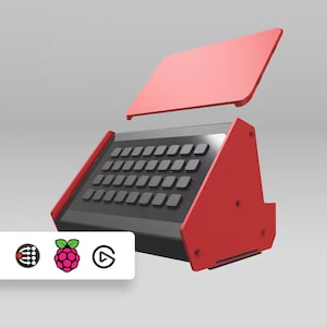May include: A red and black 3D printed case for a Raspberry Pi computer. The case has a built-in keyboard and a separate lid.