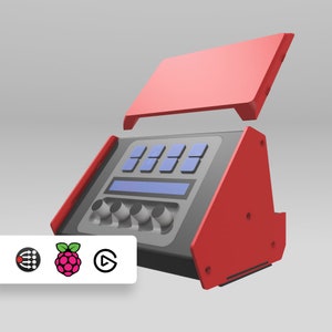 May include: A red and gray electronic device with a hinged top, featuring multiple buttons and a display screen. The device has a series of knobs and a white box with three icons. The design is modern and angular.