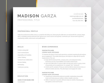 Puede incluir: Una plantilla de currículum con un diseño en blanco y negro. La plantilla incluye secciones para el perfil profesional, las habilidades, la experiencia laboral y la educación. El currículum es para Madison Garza.