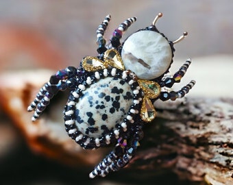 Beaded spider brooch pin Embroidered insect jewelry Handmade gemstone tarantula brooch Spider gift Bonus mom gift