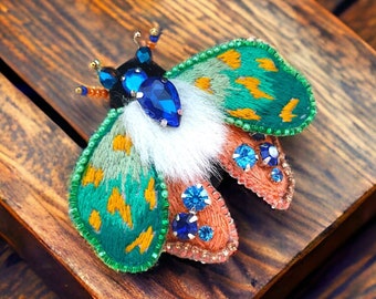 Embroidered moth brooch pin Handmade nature inspired insect pin Art to wear jewelry Entomology gifts
