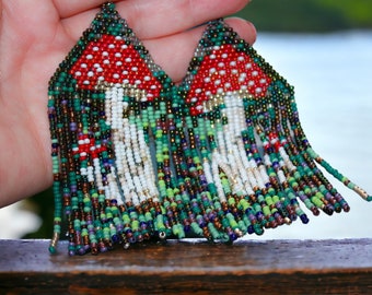 Beaded mushroom earrings. Tassel fringe earrings. Forest jewelry