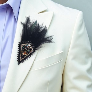 Black feather brooch Huge Art Deco wedding boutonniere Goth mens lapel pin Evening gown jewelry Great Gatsby birthday gift for women