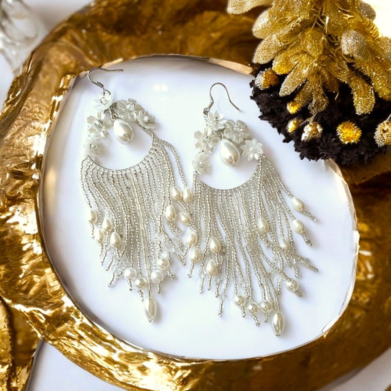 Mother of Pearl Chandelier Earrings Bride Earrings for Wedding Day Long Bead Fringe Flower Drop Earrings Custom Ear Wire Etsy Canada