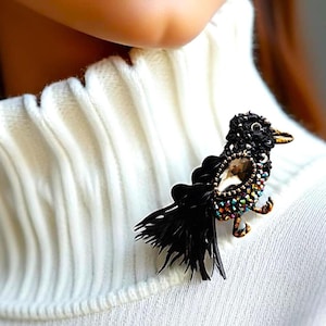 Large beaded crow brooch Goth raven pin Crystal embroidered blackbird jewelry for mom, wife birthday. Statement witchy bird lovers gift.