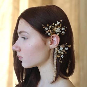 Boucles d'oreilles de mariée en or sans piercing Floral pour grimpeur d'oreilles pendantes boucles d'oreilles en cartilage franges mariage fée Boho fleur mariée manchette de cheveux