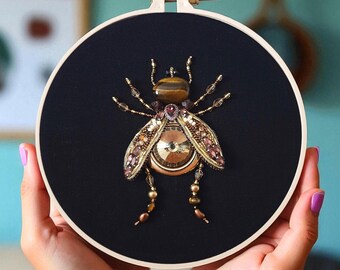 Jeweled beetle wall art Bug insect gift Finished hoop beaded embroidery Entomologist curiosity cabinet Oddity wall hanging Quirky home decor