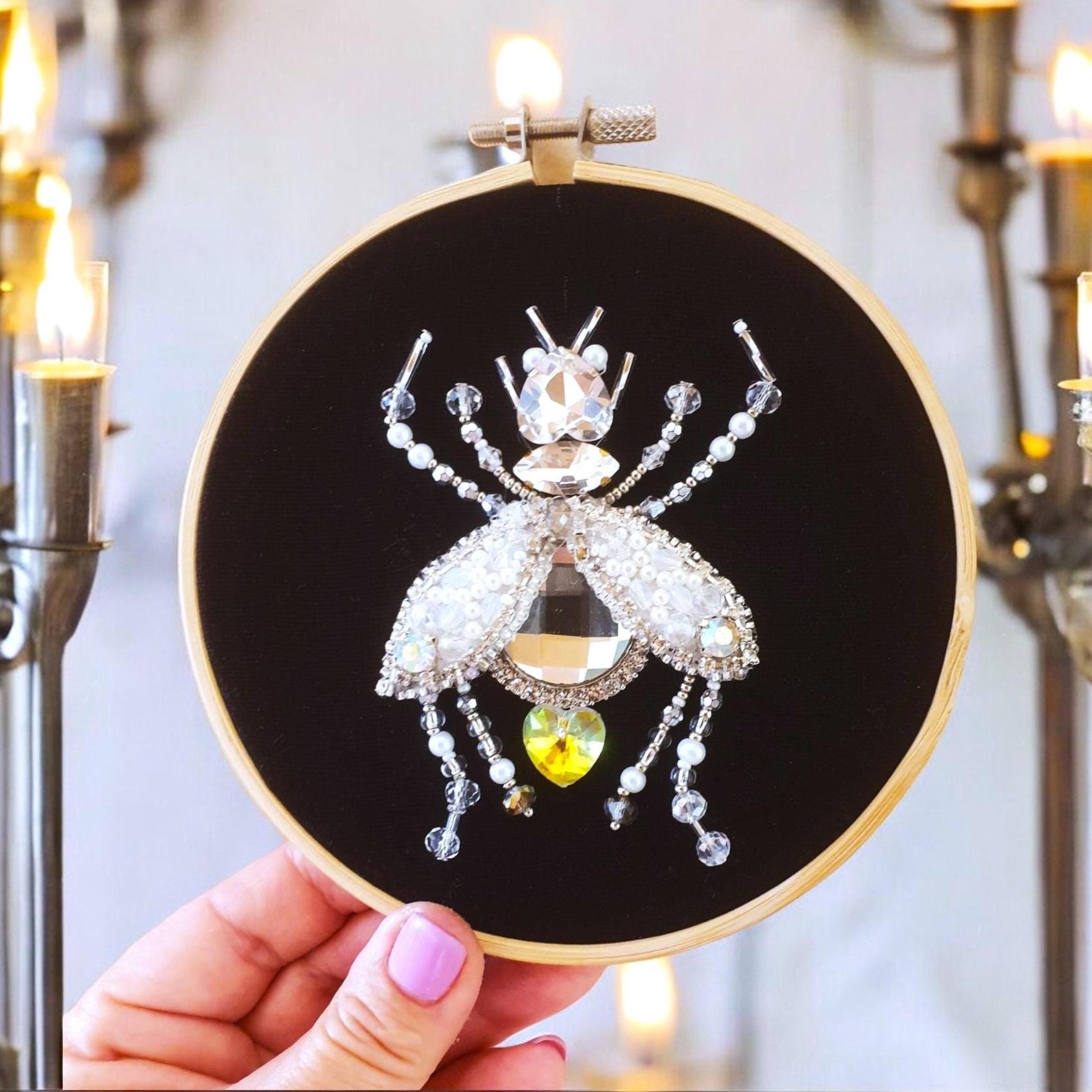 Tiny silver bug wall art Jewel beetle hoop 3D rhinestone beaded embroidery Sparkle insect gift for boho wedding Eclectic curiosity cabinet