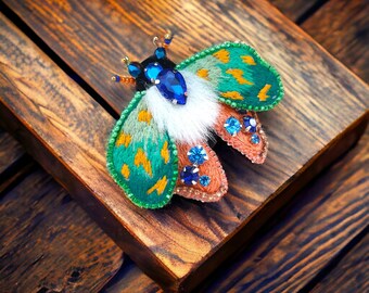 Embroidered moth brooch pin Handmade nature inspired insect pin Art to wear jewelry Entomology gifts