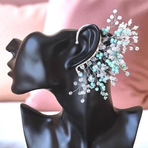 Boho bridal ear cuff no piercing Mint green earcuff Silver crystal ear climber Full ear cartilage wrap for fairy wedding and elven bride