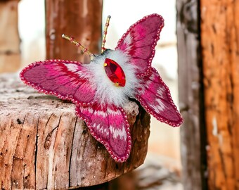 Embroidered moth brooch pin Handmade pink butterfly brooch Insect jewelry Gift for butterfly lovers