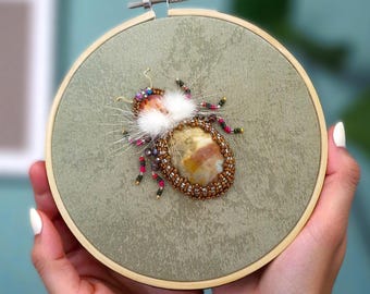 Agate bug hoop art Lime cream jeweled spider hoop decor Quirky insect wall aesthetic Oddities curiosities Pinned beetle good luck gift