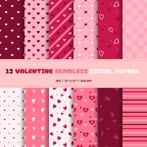Puede incluir: Doce patrones digitales sin costuras para el Día de San Valentín en rosa, rojo y blanco. Los patrones presentan corazones, lunares, rayas y la palabra "LOVE".