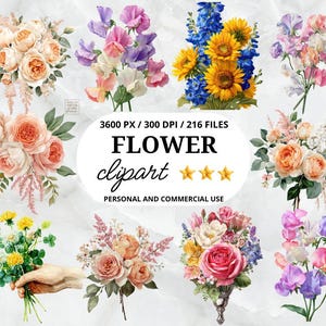 Paquete de imágenes PNG de flores con acuarela, gráficos florales para sublimación, invitaciones, pegatinas, álbumes de recortes y manualidades.