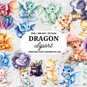 水彩ベビードラゴンPNGクリップアートバンドルかわいいドラゴン王国、魔法のドラゴンの卵、おとぎ話、昇華用ファンタジークリーチャークリップアート