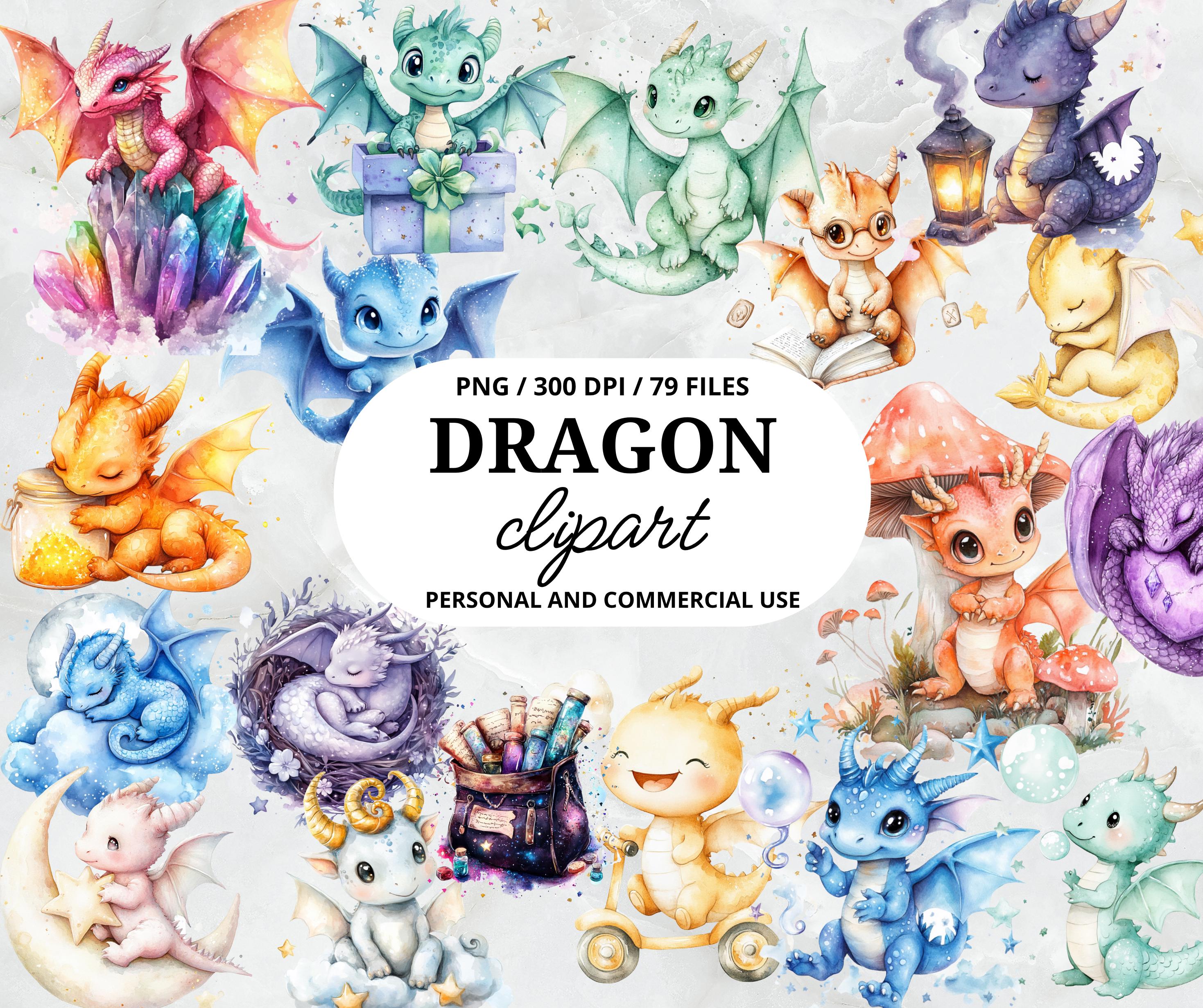 Watercolor Baby Dragon PNG Clipart Bundle Cute Dragon Kingdom, Magical Dragon Eggs, Fairy Tale, Fantasy Creature Clipart for Sublimation