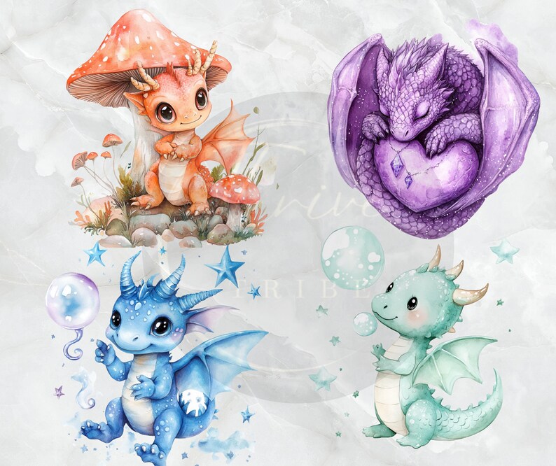 Watercolor Baby Dragon PNG Clipart Bundle Cute Dragon Kingdom, Magical ...