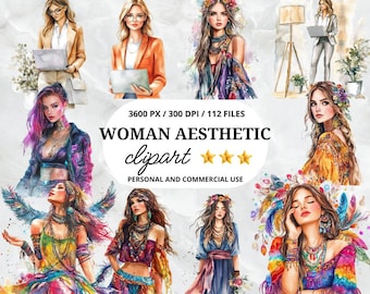 Woman Aesthetic Clipart PNG Bundle 300DPI Feminine Fashion Illustrations, Modern Boho Girl Graphics for Branding, Decor & Digital Project