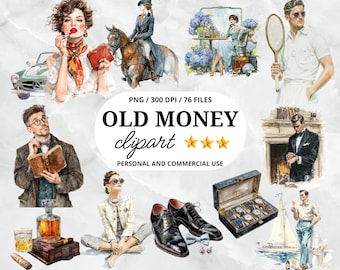 Old Money Aesthetic Watercolor Clipart – Vintage Luxury Fashion PNG Bundle, Elegant Retro Elements, Digital Download for Stickers, Journals