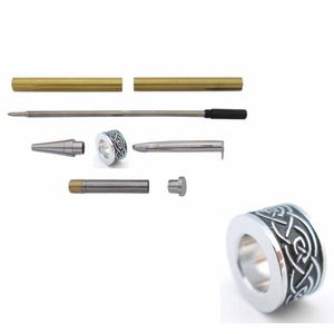 May include: A disassembled pen kit featuring a silver and black Celtic knot design. The kit includes a brass pen body, a silver pen cap, a silver pen tip, a silver pen refill, and a silver pen clip.