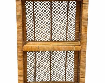 Vintage Arched Rattan Etagere Shelf, Palm Beach Regency Wicker Bookcase, Boho Narrow Display Shelf, Coastal Cane Storage Stand