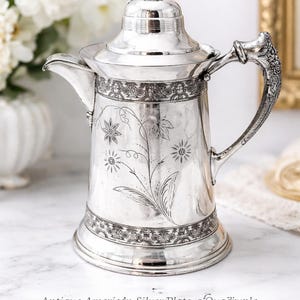 Antique American Silver Plate Co Quadruple Silverplate Coffee Pot 14 Inch Victorian Floral Engraved Ornate Handle Hot Water Pot