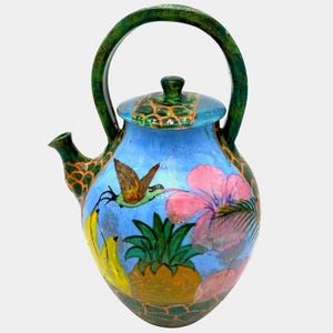hand-painted tropical teapot by linciar art – vintage mexican ceramic with pineapple, hummingbird & hibiscus
