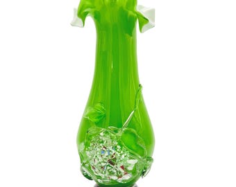 Vintage Murano-Style Green Art Glass Vase – Hand-Blown Floral Design