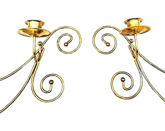 vintage brass double candle wall holders – scroll design – hollywood regency pair