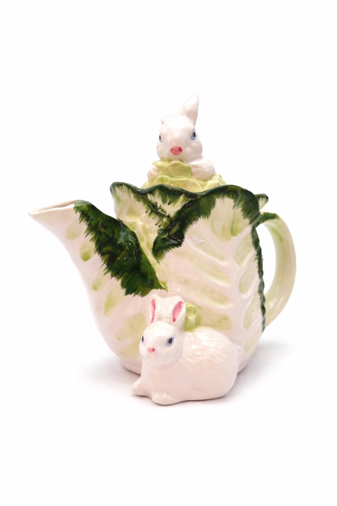Golden Rabbit Kitchen Tea Pot Vintage Majolica Rabbit Teapot Cabbageware, Bunny Teapot Spring Easter ...