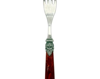 Vintage EME Italy Salad Fork – Burgundy Lucite Handle, Silver Rococo Detail