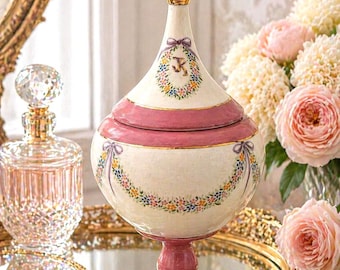 Vintage Monogrammed Porcelain Vanity Jar Pedestal Trinket Box Hand Painted Floral Wreath Gold Initial K Lidded Dresser Jar Romantic Decor