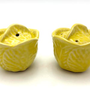 May include: Two yellow ceramic salt and pepper shakers shaped like flowers. Each shaker has a small handle and several holes on top for dispensing. The shakers are on a white background.