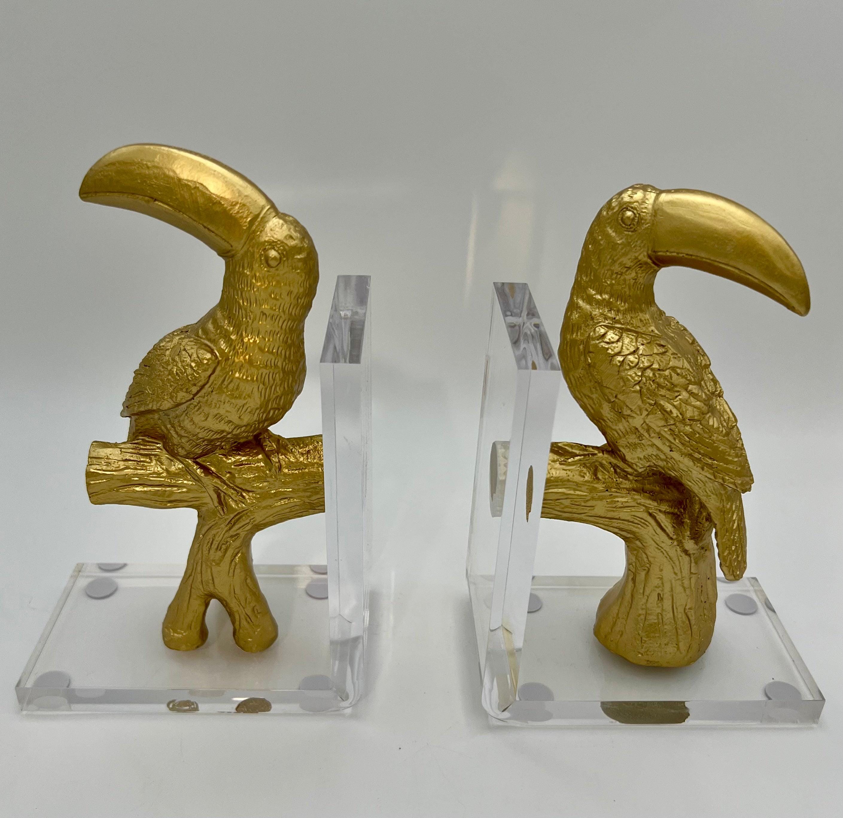 vintage 1980s lucite gold toucan bookends
