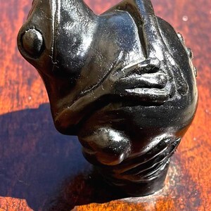 May include: A glossy black frog figurine with detailed features, including textured skin and prominent eyes. The frog is posed in a sitting position, with its hands resting on its chest. The figurine is likely made of a hard material and is displayed on a wooden surface.