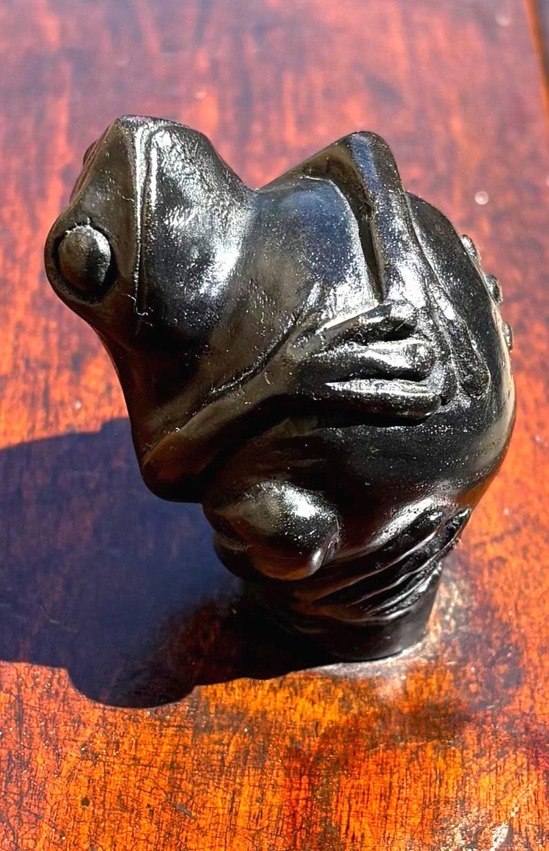May include: A glossy black frog figurine with detailed features, including textured skin and prominent eyes. The frog is posed in a sitting position, with its hands resting on its chest. The figurine is likely made of a hard material and is displayed on a wooden surface.
