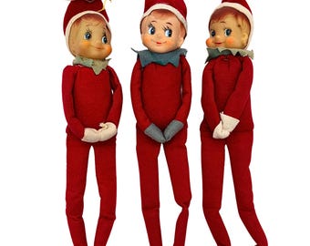 Juego de 3 duendes japoneses vintage con mangas para abrazar las rodillas, muñecos de hadas navideños de los años 50, decoraciones navideñas de fieltro hechas en Japón.
