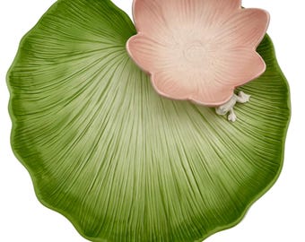 Fitz and Floyd Lily Pad Chip and Dip Platter: Lotus Flower Frog, 1982
