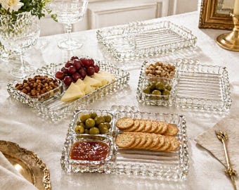 Vintage Glass Relish Tray Set of 4, Mid Century Serving Trays, Federal Glass Attributed, Clear Glass Appetizer Plates, Cocktail Hostess Set