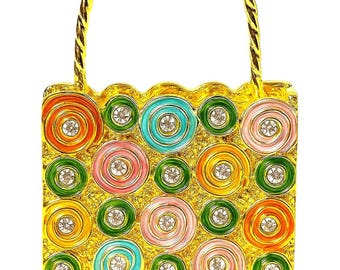 jeweled enamel handbag trinket box — gold tone, pastel rhinestones, mini purse keepsake