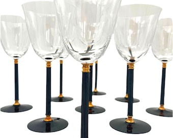 Vintage Black Stem Wine Glasses, Set of 6, Art Deco Style