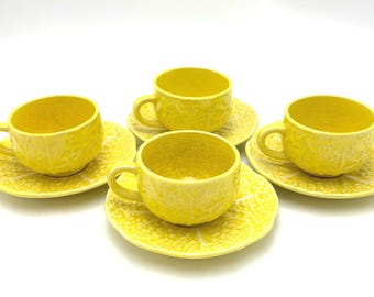 Vintage SECLA Yellow Cabbageware Teacups and Saucers Set of 4, Portuguese Majolica Tea Cups, Cottagecore Coffee Cups