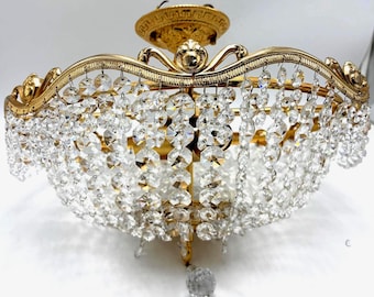Vintage Hollywood Regency Crystal Flush Mount Chandelier Gilt Gold Ceiling Light Italian Basket Fixture Mid Century Glam Lighting 16.5 Inch