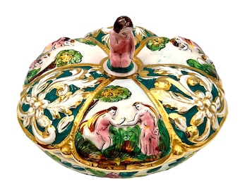 Large Vintage Porcelain Trinket Box, Hand Painted Floral & Cherub Decor, Lidded Jewelry Box