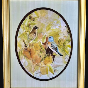vintage barbara weldon bird print in yellow frame – mid century watercolor style nature art